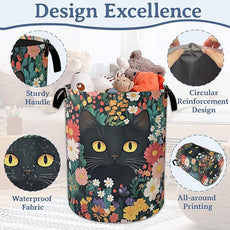 Cute Funny Black Cat Laundry Basket,Oxford Cloth Flower Laundry Hamper With Handle Foldable Portable Clothes Storage Basket for Laundry Room/Bedroom/Bathroom 20.8