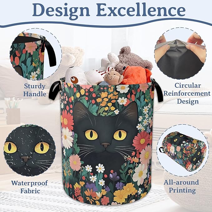Cute Funny Black Cat Laundry Basket,Oxford Cloth Flower Laundry Hamper With Handle Foldable Portable Clothes Storage Basket for Laundry Room/Bedroom/Bathroom 20.8"x16"