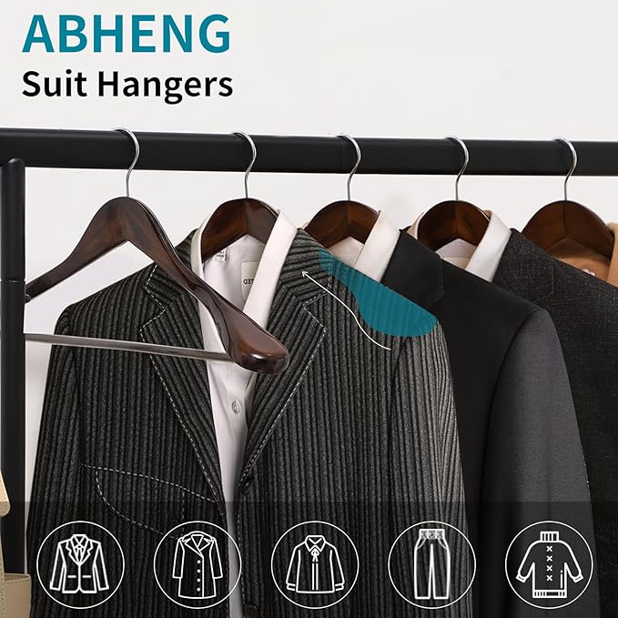 Solid Wood Suit Hangers, 6 Pack, Coat Hangers with Non Slip Trouser Bar, 360° Swivel Hook, Heavy Duty Wide Hangers for Suit, Coat, Jacket, Trousers, Pants,17.3" W x 9" H, Dark Walnut AWY0406H