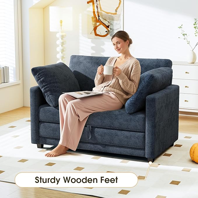 51" Convertible Sofa Bed, 2 in1 Folding Sofa Bed, Loveseat Sleeper Sofa for Small Spaces, Fold Out Floor Couch with 2 Pillows for Apartment, Living Room & Guest Room, Deep Blue Chenille Fabric