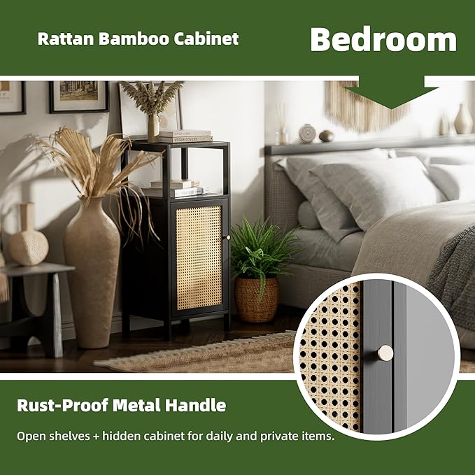 Bamboo Floor Rattan Cabinet, Small Bathroom Storage Organizer Rack with 1 Door and 1 Shelf, Space Saving Wood Kitchen Cupboard, Hallway Side Table, Living Room Freestanding Stand (Black)