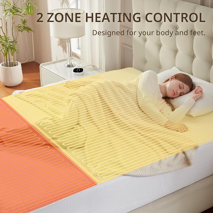 Bwarm Multizone Heated Mattress Pad Twin XL, Electric Mattress Pad Sherpa Fleece Bed Warmer with 9 Heat Settings, 1-12 Hours Auto Off Deep Pocket, Machine Washable, Wave White Twin XL 39" x 80"