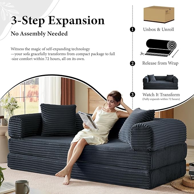 Boneless Couch Sofa Bed Sectional Couches for Living Room,Futon Cloud Couch with Sleeper Sofa,Sofas for Living Room Oversized Corduroy Upholstered (Dark Grey)