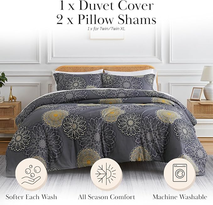 Southshore Fine Living, Inc. Floral Duvet Cover Queen Size Boho Set, Hotel Style Bedding, 1 Patterned Duvet Cover Full Size, 2 Pillow Shams, Full/Queen Bedspread - Midnight Floral Black