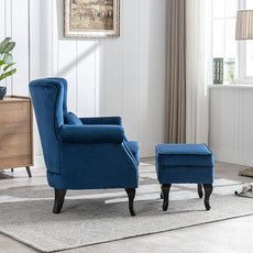 Accent Chairs with Ottoman Set of 2 Velvet Wingback Club Chair Upholstered Reading Chair Lounge Chairs with Wood Legs/Button Tufted Back for Bedroom Living Room, Blue
