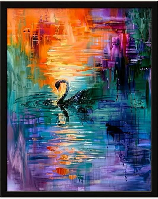 Monet Style Colorful Wall Art Prints Black Swan In The Misty Lake Poster Canvas Art Wall Decor Picture For Bedroom Dorm Office Bathroom Wall Decor Aesthetic Home Artwork 8" × 10" With Framed