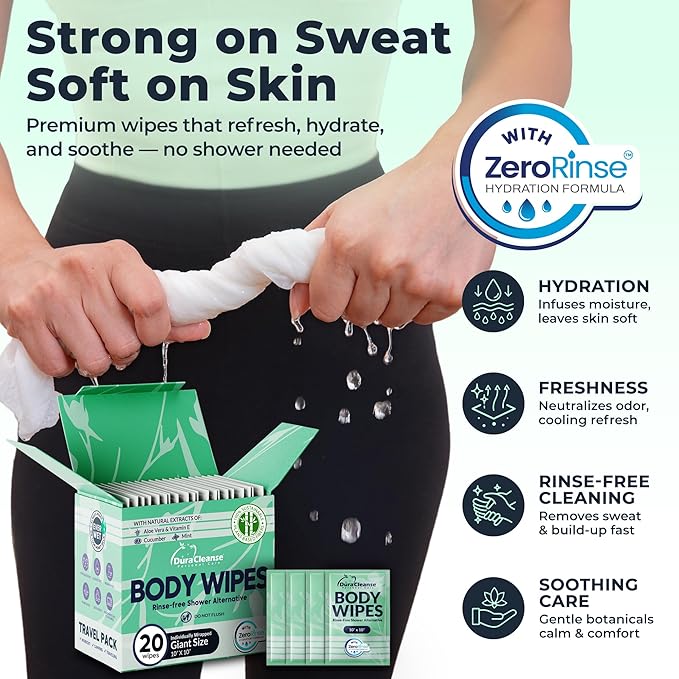 Dura Cleanse Travel Body Wipes - Sensitive Skin (Gentle Clean) - 20 Count, XL 10”x10” Individually Wrapped No-Rinse Shower Wipes for Women & Adults, Travel, Gym, Post-Workout & Elder Care