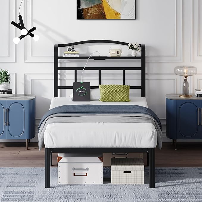 14 Inch Metal Bed Frame - Twin Size Black Heavy Duty Bedframe Platform Basic Mattress Foundation with Headboard & Charging Station No Box Spring Needed/Easy Assembly/Noise-Free