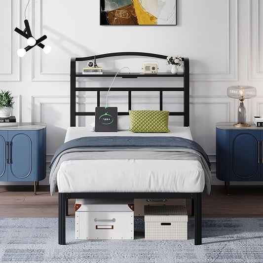 14 Inch Metal Bed Frame - Twin Size Black Heavy Duty Bedframe Platform Basic Mattress Foundation with Headboard & Charging Station No Box Spring Needed/Easy Assembly/Noise-Free