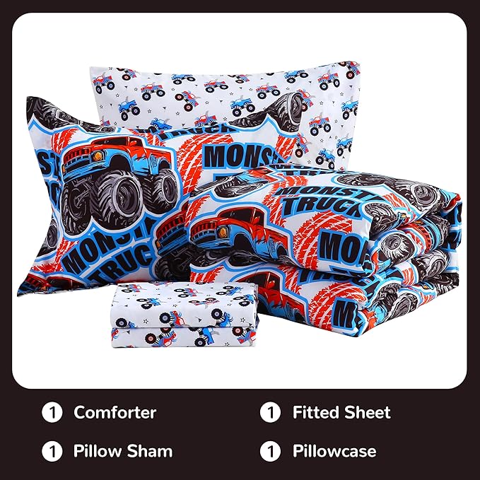Viviland Kids Twin Bedding Sets for Boys, Soft Twin Comforter Set with Sheets, 5 Pieces Microfiber Bed in a Bag, Monster Truck