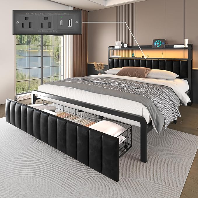 Full Size Bed Frame with 2-Tier Storage Headboard, Metal Platform Bed Frame with Storage Drawers, Built in Charging Station & LED Light, PU Leather, Non-Slip, Easy to Assemble, Black