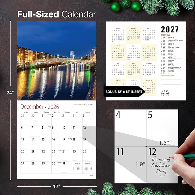 MICASA PRESS Ireland 2026 Wall Calendar 12 Month | 12" x 24" Open | Thick & Sturdy Paper | Holiday Gift | Irish Europe Travel Calendar 2026