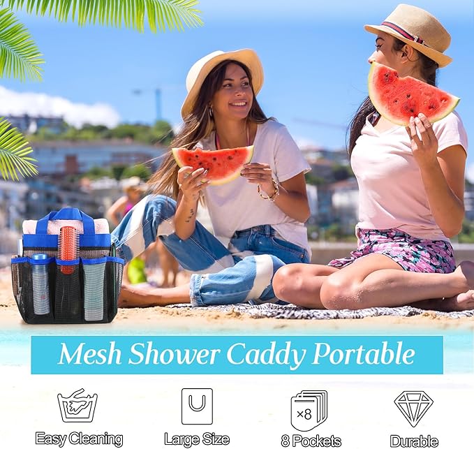 8 Packs Mesh Large Shower Caddy Portable with 8 Pockets and Handles Quick Dry Shower Bags Hanging Bath Bag Dorm Room College Essentials for Bathroom Gym Camp(Blue)