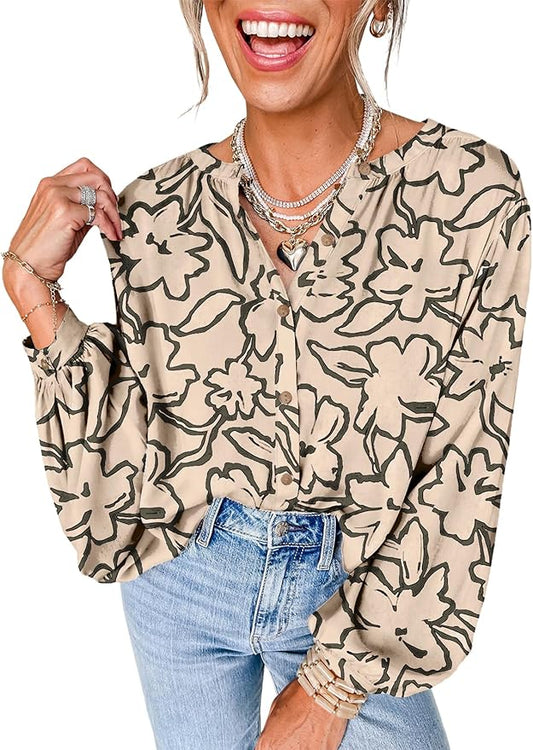 Astylish Womens 2026 Boho Floral Loose Spring Summer Tops Lantern Sleeve Flowy Blouses V Neck Button Down Shirts