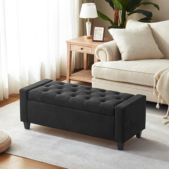 Ottoman with Storage, 48.8" Fabric Storage Ottoman Bench with Hinge, Bedroom Bench, Upholstered Benches with Seating for Living Room, Entryway (Dark Grey)