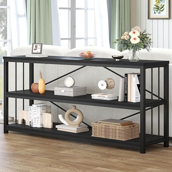 HSH Black Low Bookshelf, Wood Metal 3 Tier Long Horizontal Bookcase for Bedroom, Large Open Etagere Bookshelves with Storage for Home, Wide Under Window Book Shelf for Office Living Room, 70 Inch