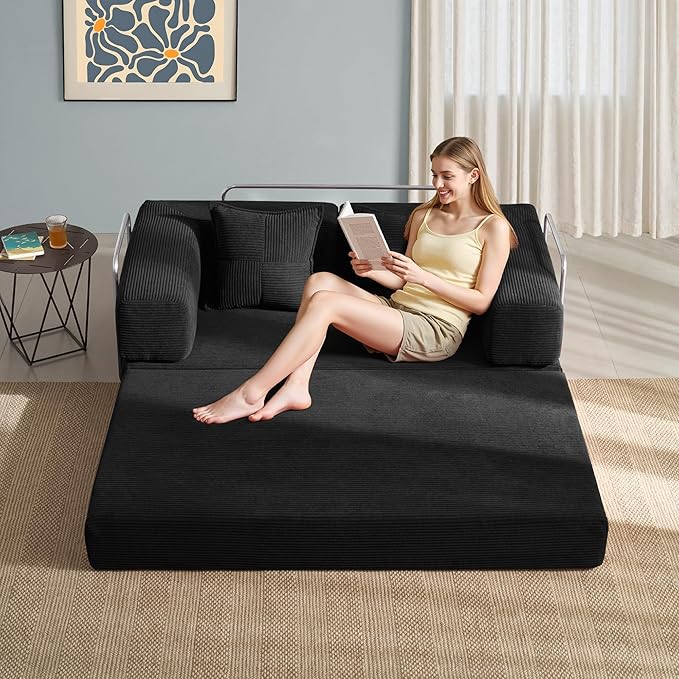 YINIX Foldable Sofa Bed, 62'' Folding Floor Couch, Compressed Convertable Sleeper Sofa, Memory Foam Couch with Pillow Back Support Armrest, 4-in-1 Futon Sofa Bed for Living Room, Black
