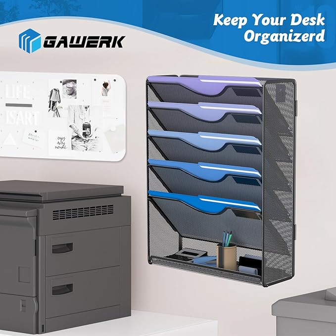 6 Tier Hanging File Organizer, Mesh Wall File Holder Paper Folder Rack with Bottom Flat Tray for Office Home, Black