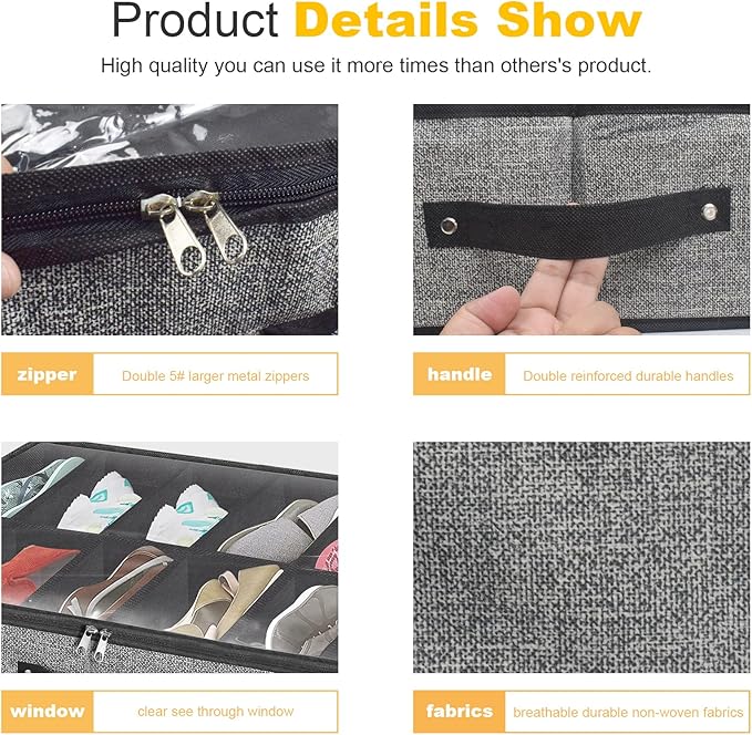 homyfort Under Bed Shoe Storage Organizer Fits 12 Pairs- Underbed Shoe Container Solution Shoes Box Bins with Clear Window for Sneakers,High Heels,Flip Flop(Black)