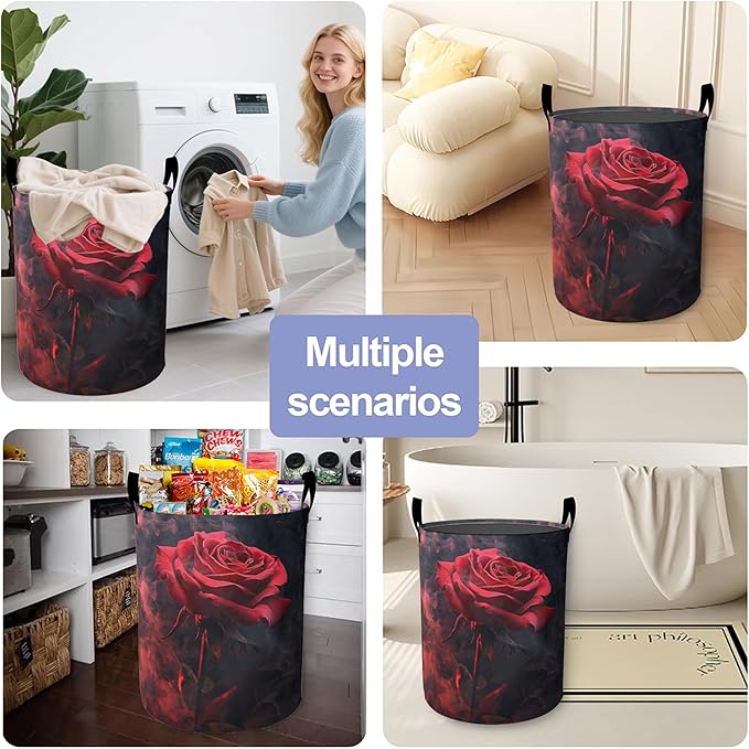 Laundry Basket-Red Roses Foldable Waterproof Oxford Cloth Funny Tote Bag Laundry Hamper Clothes Storage Bucket Organizer For Bathroom/Laundry Storage/Bedroom Storage Basket