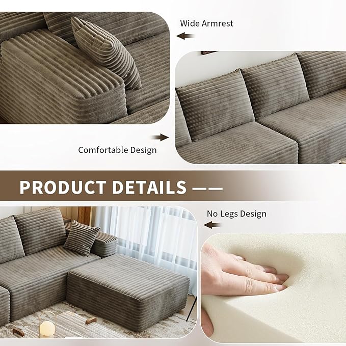 168.5" Modular Sectional Sofa, Oversized U-Shaped Minimalist Couches with 3 Middle Seats Chaise, Modern Deep Seat Convertible Sleeper Sofa, Cloud Plush Corduroy Fabric,7 Seater, Camel