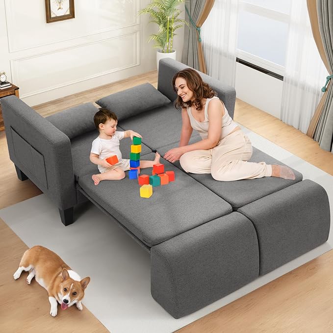 SEJOV 6-in-1 Convertible Sofa Bed, 58" Loveseat Sleeper Sofas with Pull Out Couch Bed, Removable Backrest, Storage Pockets and 2 Pillows, Modern Folding Linen Futon Couch for Small Spaces, Gray