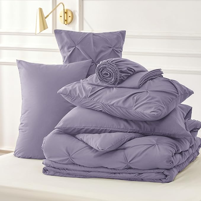 Bedsure Twin Comforter Set Grayish Purple - Bed in a Bag Twin Size Bedding 5 Pieces, GentleSoft™ Pintuck Bed Set Gift for Family, Pinch Pleat Grayish Purple Comforter with Sheets, Pillowcase & Sham