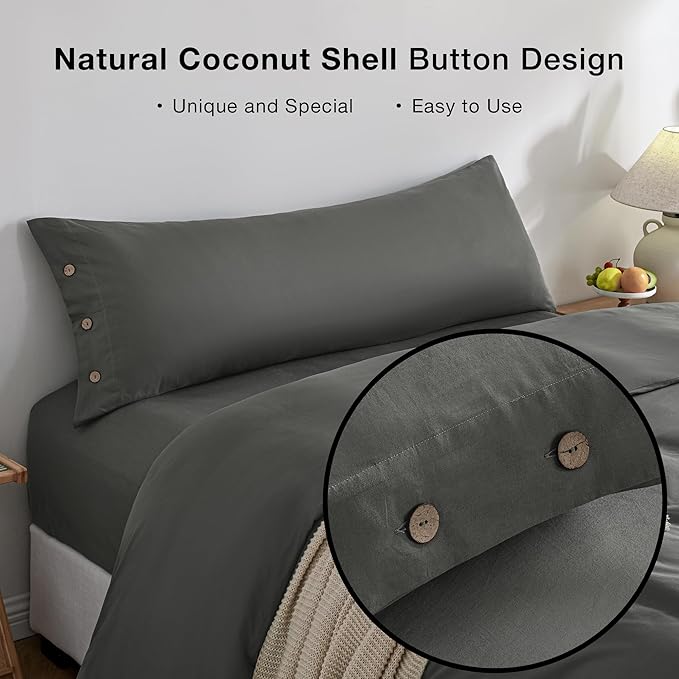 JELLYMONI Pillowcase Body Cotton 1pc Button Grey Pillow Case 20×54in 100% Washed Cotton Soft Breathable Pillow Covers(Pillows are not Included)