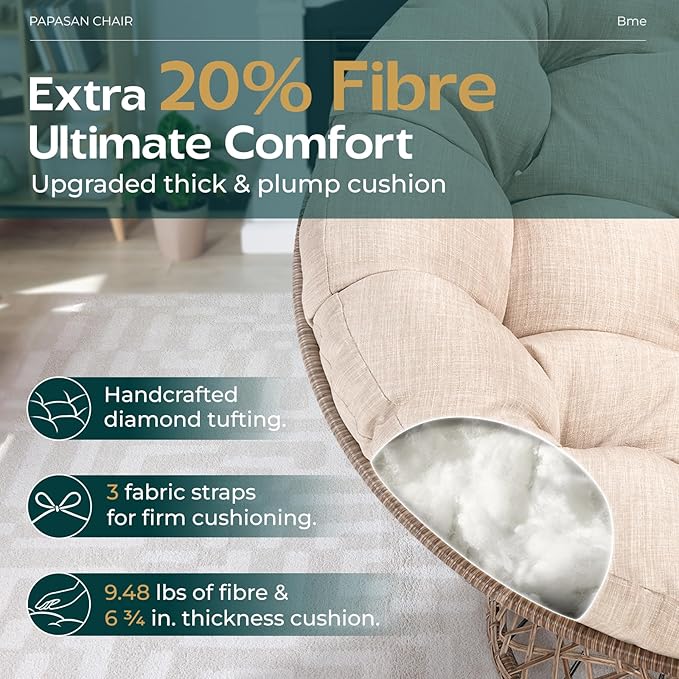 Bme Metal Oversized Swivel Papasan Chair, Living Room Chair with Beige Cushion, Brown Frame, 360° Swivel, Skillfully Woven Resin Wicker, 46 Inch Wide, Bee-Designed Base, Modern Style, Indoor Use