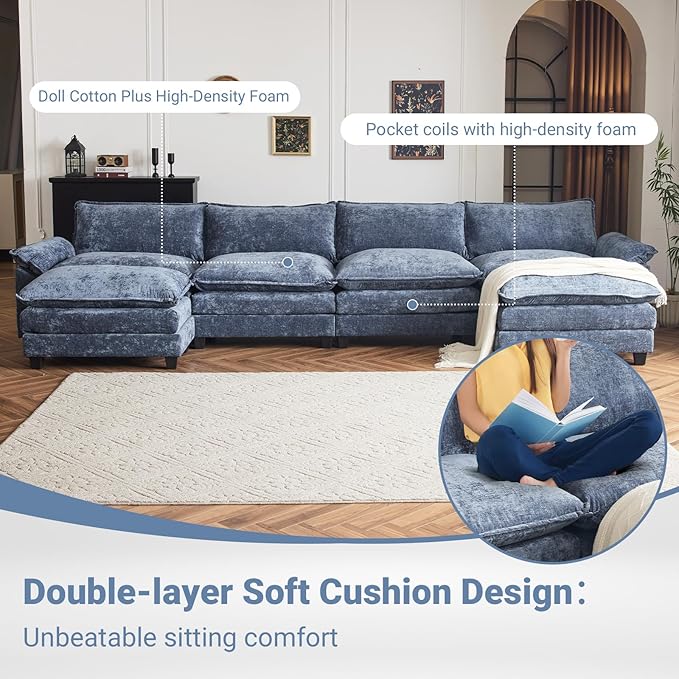 VINGLI 157" Cloud Navy Blue Convertible Sectional Sofa, Comfy U-Shape Extra Deep Seat Sofa Couch for Living Room,Modern Chenille 4-Seat Convertible Sofa with 2 Movable Ottomans for Small Space