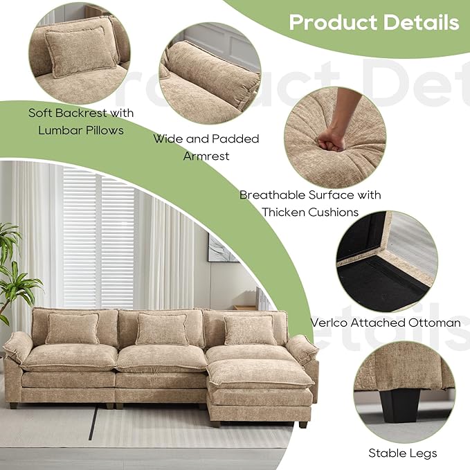 120" Modular Sectional Sofa, Comfy Cloud Couch Sectional Sofa with Ottoman, Chenille Sofa Sleeper Deep Seat Sofa with Throw Pillows for Living Room (Khaki, 120"- L Shape)