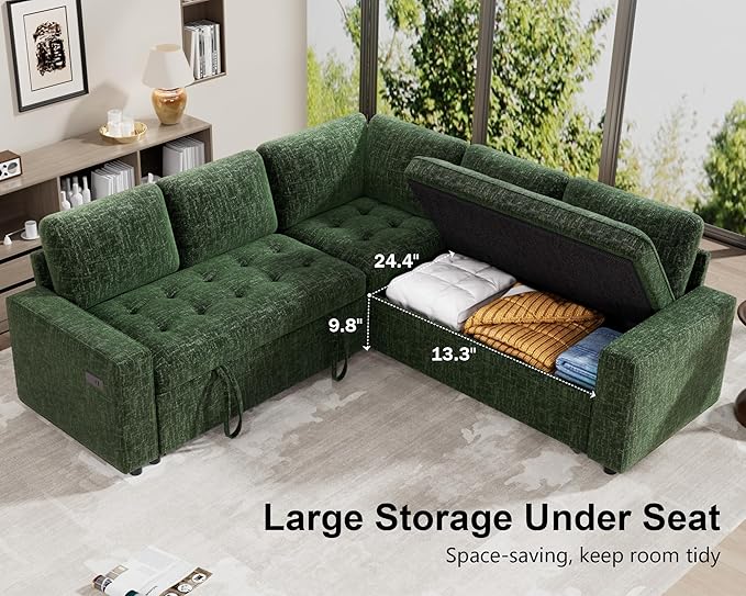 WEUP 5 Seat L Shaped Sectional Sleeper Sofa Bed with Pull Out Bed, Chenille Sectional Sleeper Couch with Adjustable Backrest, USB Ports & Storage Seat, Tool-Free Assembly, Chenille Green