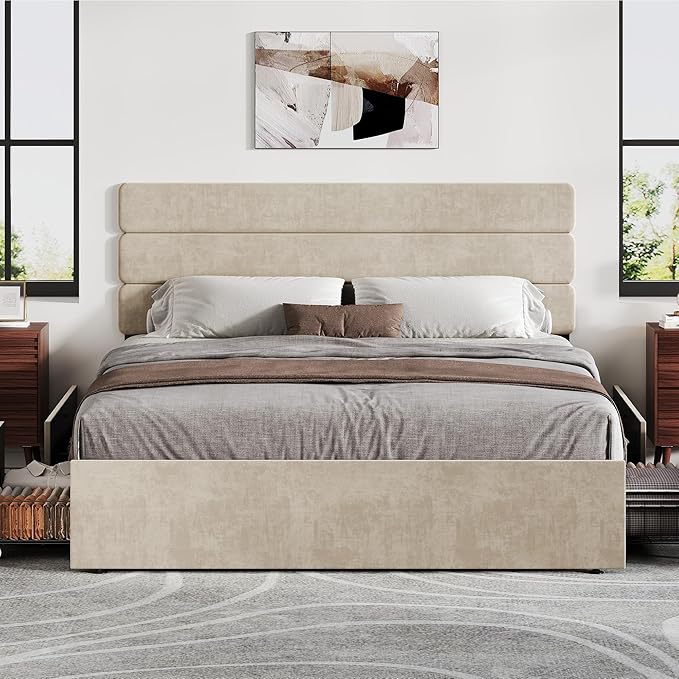WLIVE Queen Size Upholstered Bed Frame with 4 Storage Drawers and Headboard, Velvet Platform Bedframe, Sturdy Metal & Wooden Slats Support, No Box Spring Needed, Easy Assembly, Beige