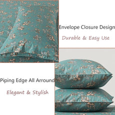 FADFAY 100% Percale Cotton Sheets Set - Vintage Floral & Butterfly Print Bedding - Crisp, Breathable Teal Aqua 4 Piece Sheet Set with Deep Pocket, Full Size