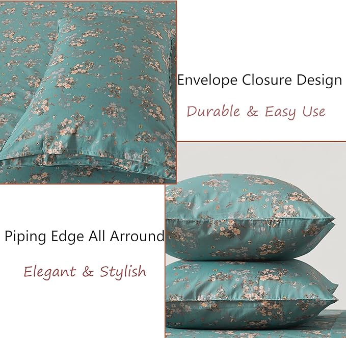 FADFAY 100% Percale Cotton Sheets Set - Vintage Floral & Butterfly Print Bedding - Crisp, Breathable Teal Aqua 4 Piece Sheet Set with Deep Pocket, Twin Size
