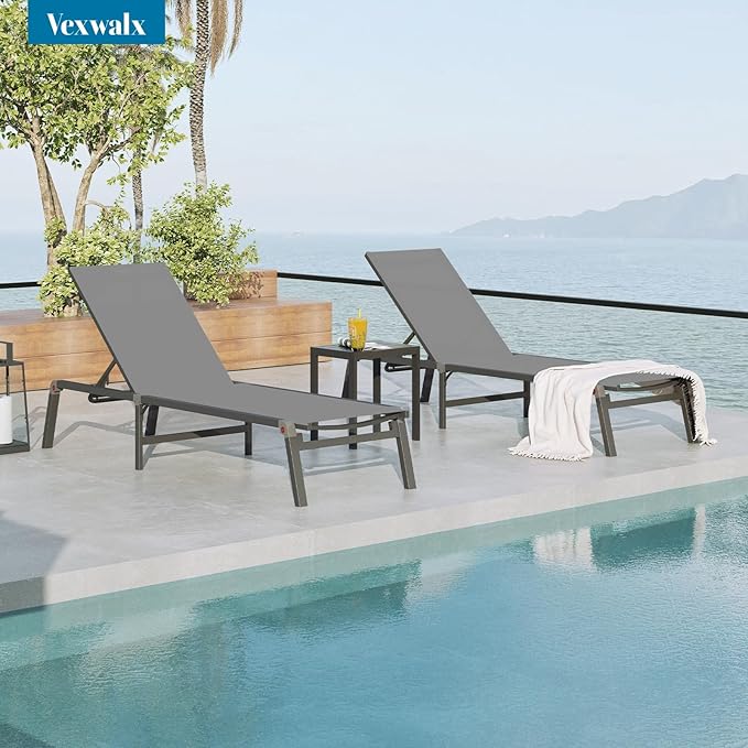 Foldable Pool Lounge Chairs, Aluminum Chaise Lounge Outdoor with 5 Positions Recliner - Free Assembly - Patio Lounge Chair for Poolside, Beach (Darkgray)