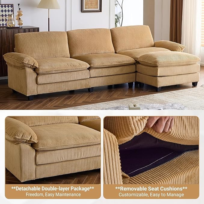VINGLI 121" L Shape Sectional Couch, Convertible Sectional Couch for Living Room & Apartment,Modern 3-Seat Convertible Modular Sofa with 1 Ottoman，Corduroy,Khaki