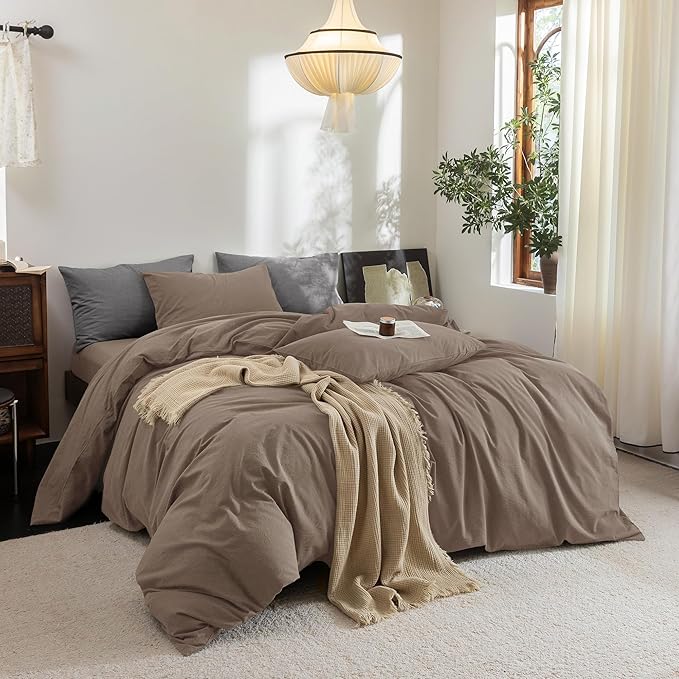 FOSSA Duvet Cover Set 100% Washed Cotton Linen Feel Super Soft Breathable Cozy 3 Pieces Bedding Sets Solid Pale Brown King