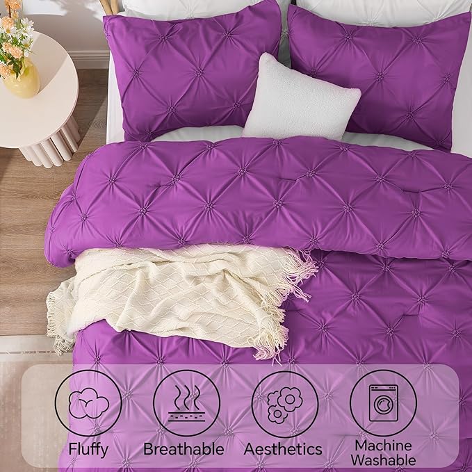 BEDELITE Purple Queen Comforter Set - 3 Pieces Boho Pintuck Bedding Comforter Sets, Lightweight Soft & Warm Bed Comforter Queen with 2 Pillowcases for All Season