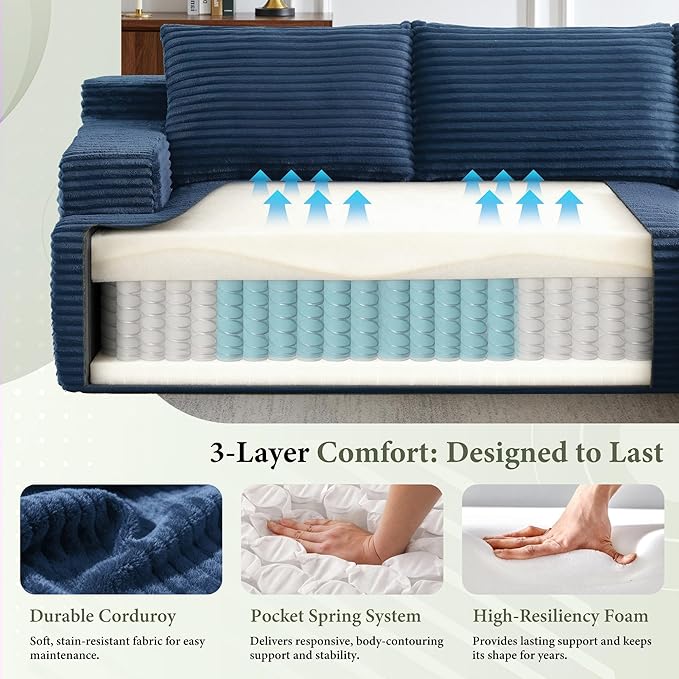96''Sectional Couches for Living Room Modern Modular Sectional Sofa Upholstered Boneless Couch Comfy Cloud Couch with Chaise (Blue, 96''W Right Facing Chaise)