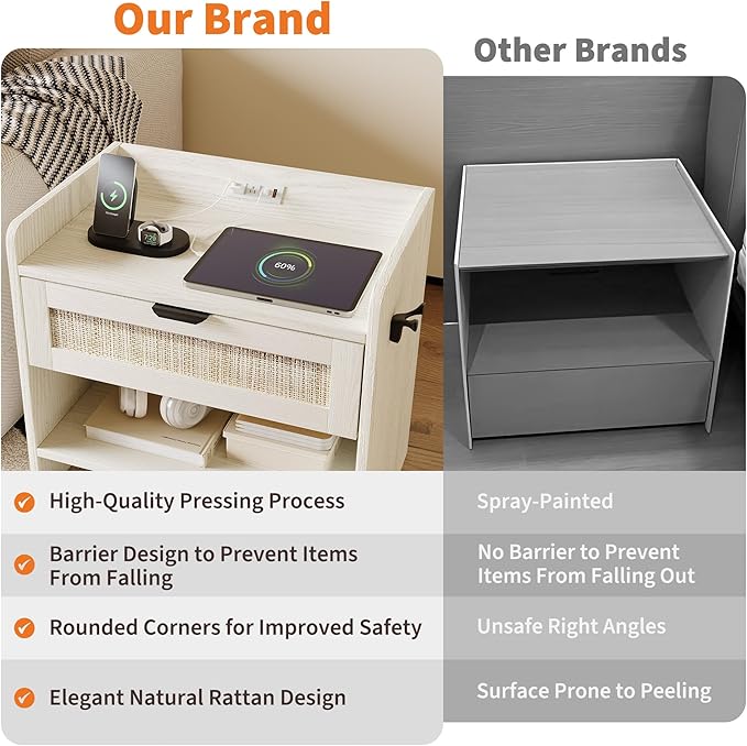 Rattan Nightstand, Bedside Table with Type-C Charging Station - 1 Storage Drawer & Open Storage Space, Boho End Table Side Table for Bedroom Office, Large Night Stand with Charging Port