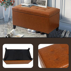 Joveco Storage Ottoman Bench, 33 Inches Faux Leather Rectangle Tufted Foot Stool for End Foot of Bed, Bedroom, Living Room, Cognac Brown