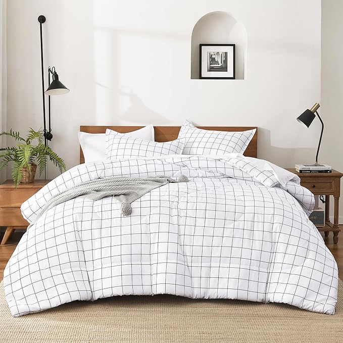 Andency King Size Comforter Set White Gingham, Plaid Grid Checkered Bedding Comforter Set for King Size Bed, 3 Pieces Lightweight Reversible Modern Geometric Bedding Set(104x90 Inch)