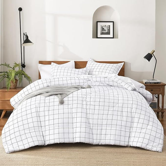 Andency King Size Comforter Set White Gingham, Plaid Grid Checkered Bedding Comforter Set for King Size Bed, 3 Pieces Lightweight Reversible Modern Geometric Bedding Set(104x90 Inch)