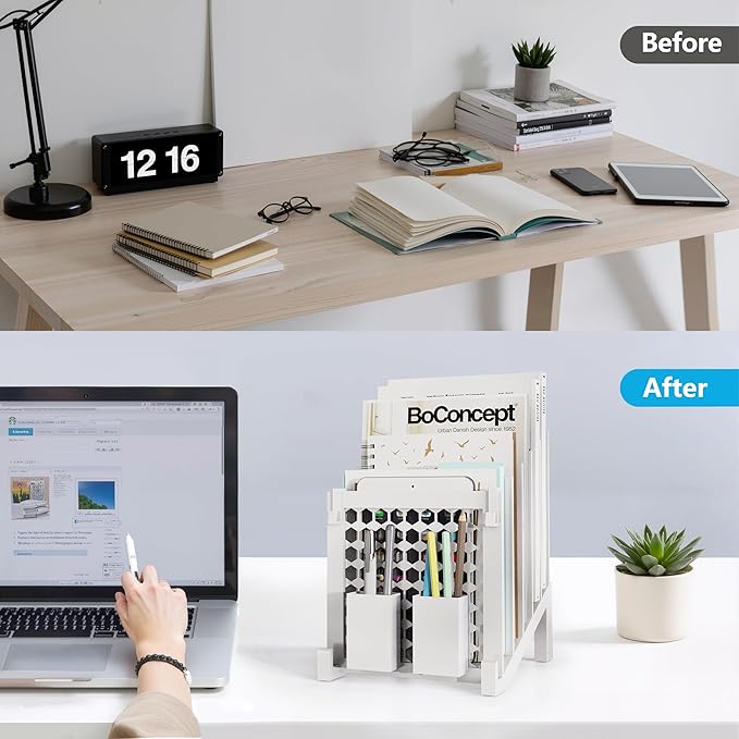 File Organizer for Desk with Storage Box & Hook, Inclined Desk File Organizer with 5-Section Vertical File Holder suitable for Home Office Document Organization (White)