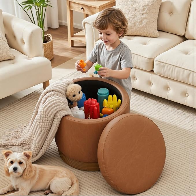 Round Storage Ottoman,Swivel Vanity Stool-Smooth Faux Leather Foot Rest,Footstool Pouf with Sturdy Acacia Wood Frame(500lbs),Small Coffee Table & Hidden Storage Ottoman for Living Room