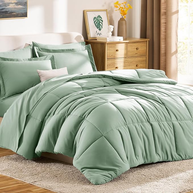 CozyLux King Size Comforter Set Sage Green - 7 Pieces Bed in a Bag King, Okeo-Tex Certifited Bedding Set, All Season Soft Bed Set with Down Alternative Comforter, Sheets, Pillowcases & Pillow Shams