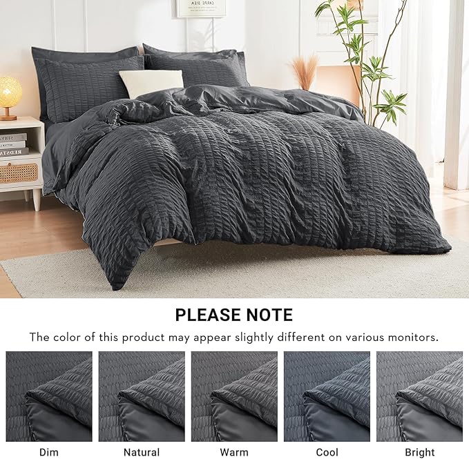 HYMOKEGE Queen Comforter Set Seersucker 7 Pieces, All Season Luxury Bed in a Bag for Bedroom, Bedding Set with Comforters, Sheets, Pillowcases & Shams, Dark Grey
