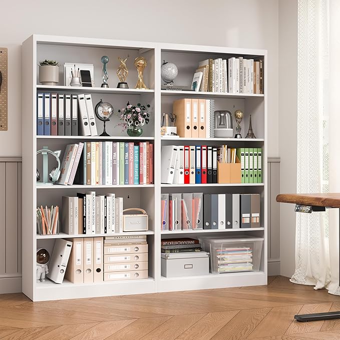 Bookcase,5 Tier White Bookshelves,55" Tall Free Standing Metal Bookcase with Adjustable Storage Shelves, Industrial Wide Bookshelf for Bedroom Living Room Home Office School (White)