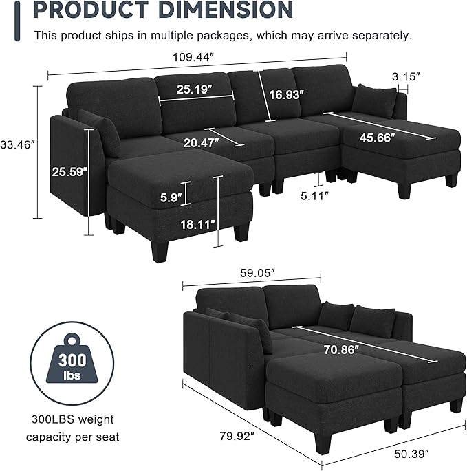 Modular Sectional Sofa, Convertible U Shaped Sofa Couch with High Density Memory Foam, 6 Seat Comfy Modular Sofa Couch for Living Room, Modern U Shaped Sectional Sofa, Black